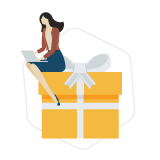 Ilustração de mulher sentada em caixa de presente usando laptop